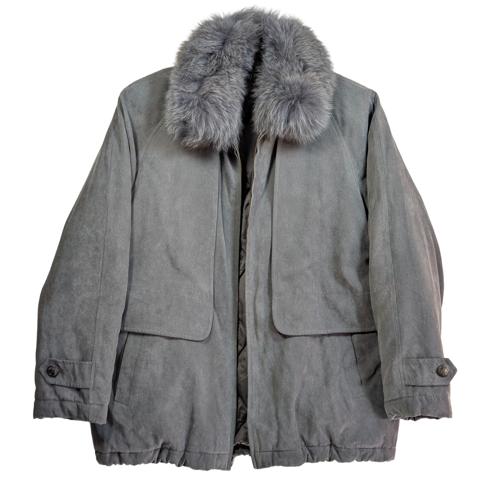 Vintage 80s – 90s Microsuede Fox Fur Collar Oversize Insulated Coat Sz Med