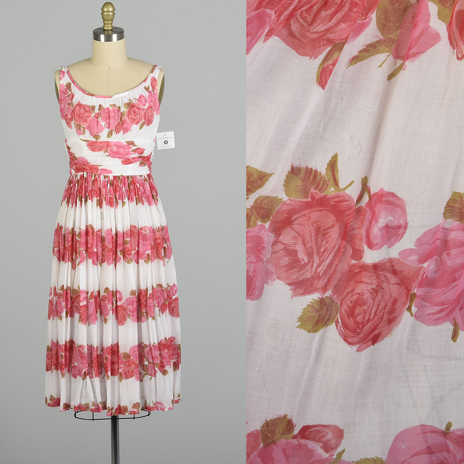 XXS 1950s Sleeveless Pink Novelty Rose Print Flowy Summer Cotton Vintage Dress