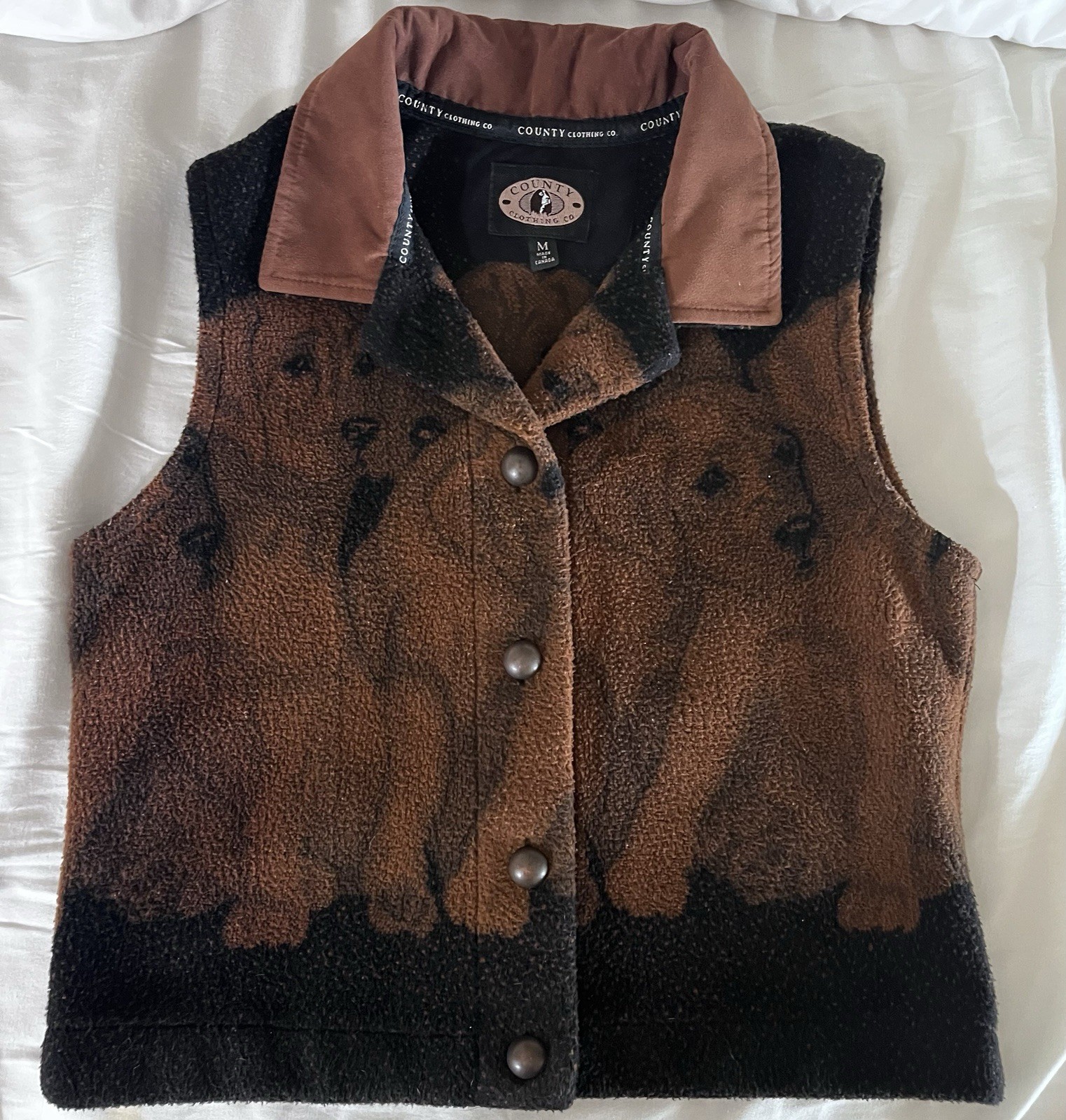 County Clothing Co. 1990s Brown Black Dog Print Fleece Vest Size M