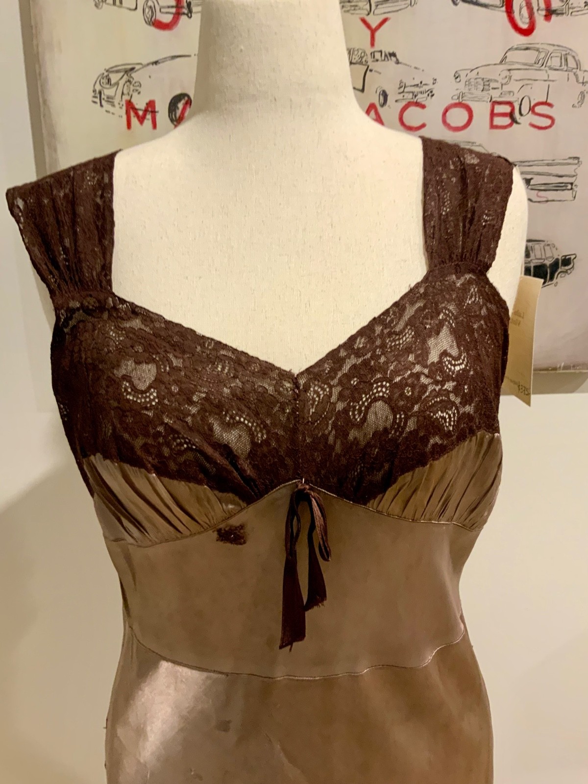 Hand Dyed 1930s.40s Bias Cut Satin Slip Dress.Chocolate Lace. Old Hollywood L