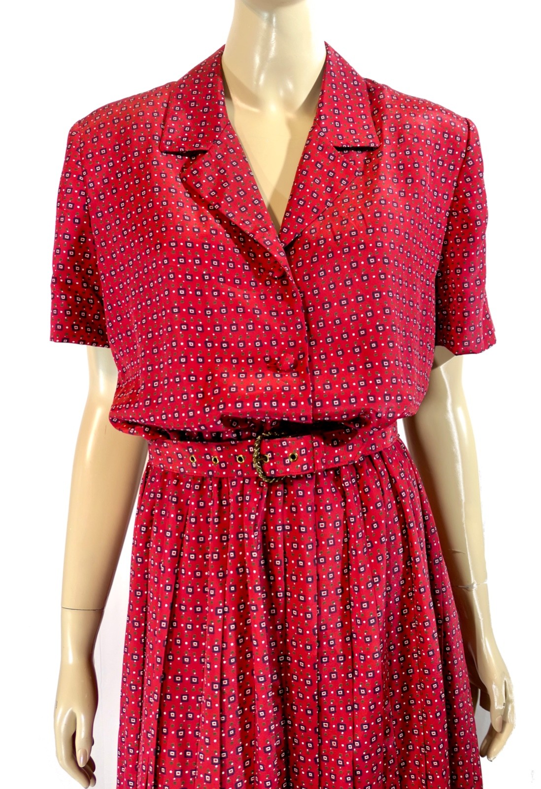 Vtg 80s Leslie Fay Rockabilly Secretary Belted Pleated Dress Grunge Red 14 L