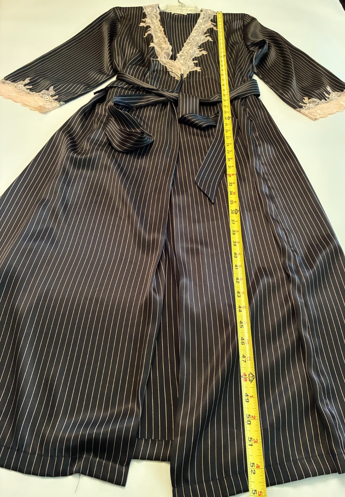 JONES NEW YORK Black PINSTRIPE ROBE Size XL PINK LACE Maxi French Maid Steampunk