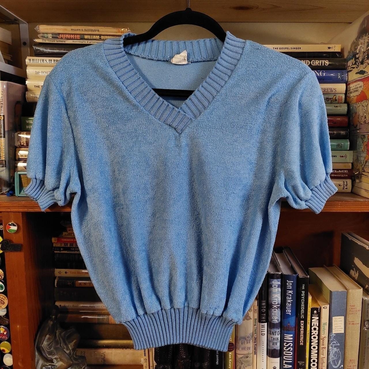 Vintage 70's light blue short sleeve terry cloth style short sleeve sweater.