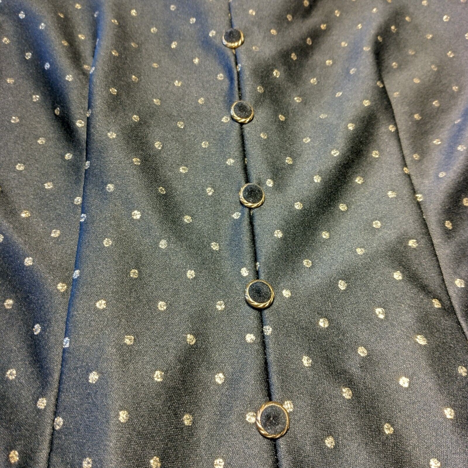 Vintage 1980s Homemade Dress Black Gold Metallic Polka Dot Drop Waist Party Nerd