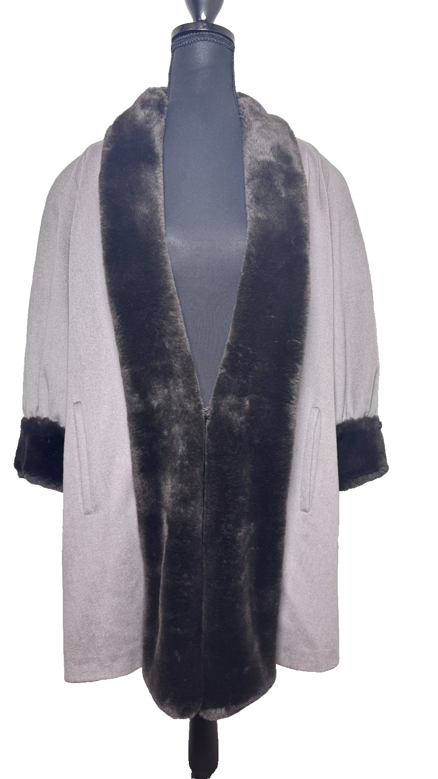 Vtg 50s ALORNA Super Fina Wool Blend Coat Faux Fur Shawl Collar Taupe Brown Chic