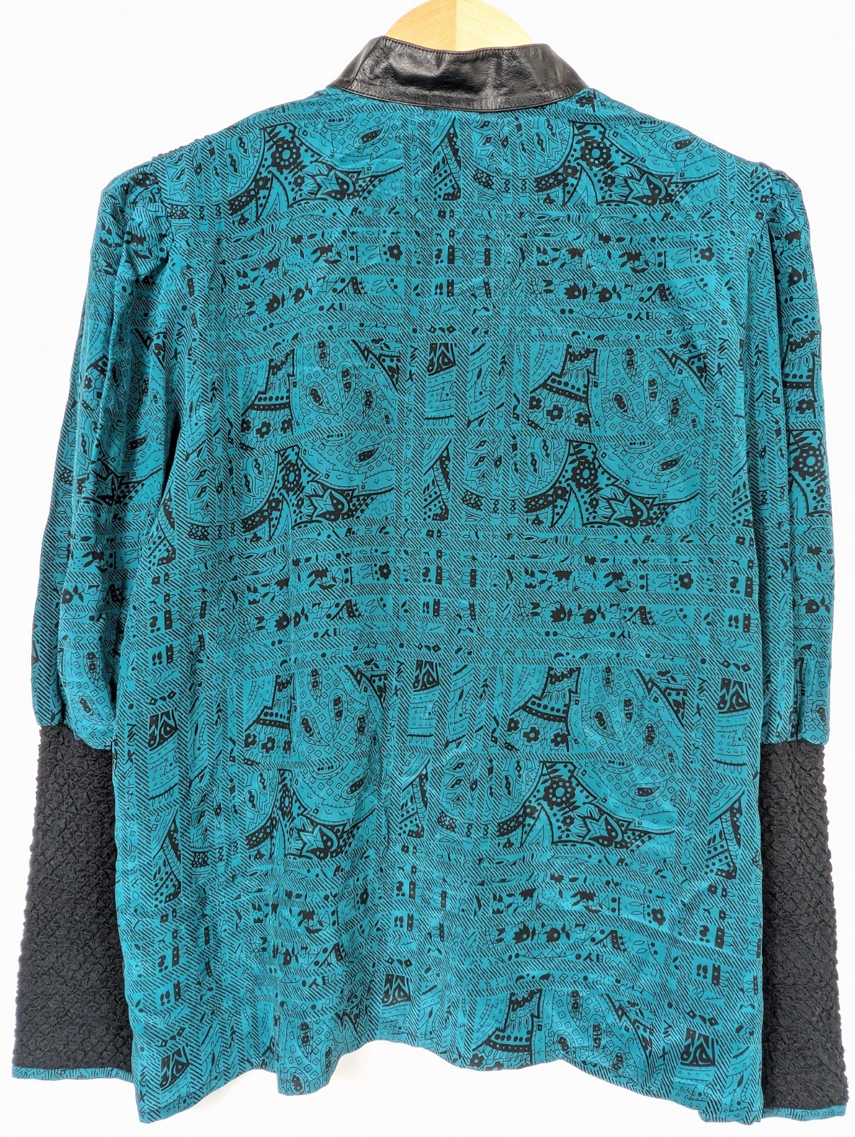 Vtg Bellino Paris 100% Silk Blouse Jacket 10 Teal Geometric Black Leather Trim