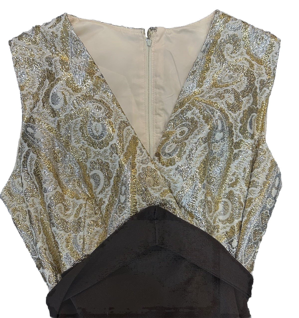 VTG 70s Handmade Polyester Maxi Dress Brown Gold Silver Sleeveless Tie Waist SM