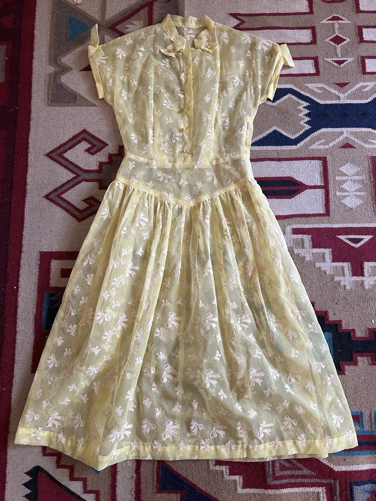 Vintage 40s Yellow Semi Sheer Flocked Bow MIDI Dress