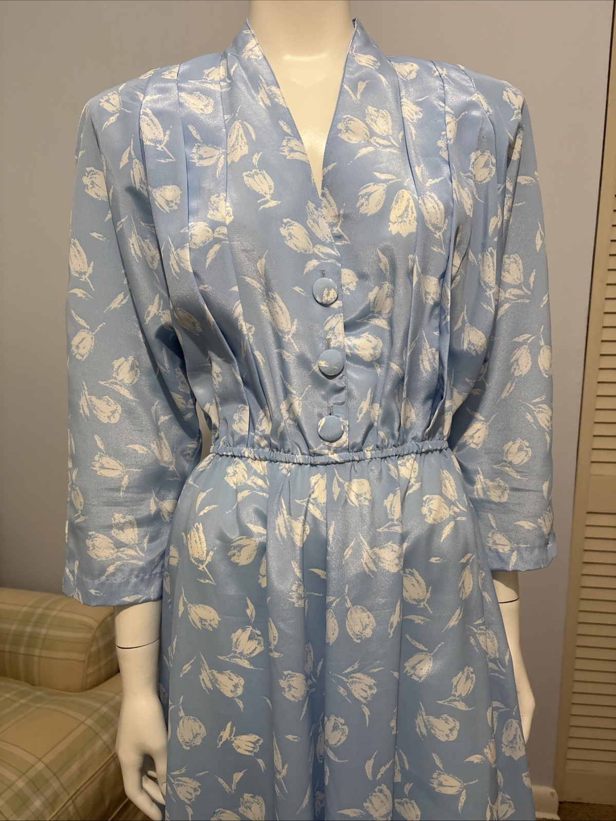 Vintage Pellini by Von Bramlett Blue White floral dress Buttons Pockets Sz M