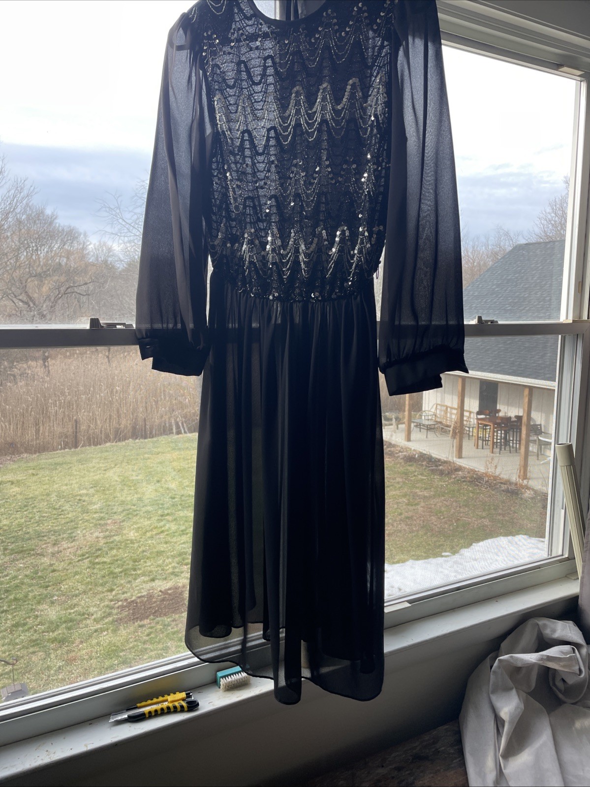 VTG 80s Sheer Dress Glam Sequins Size S/M Dark Feminine Dressy Cocktail Party