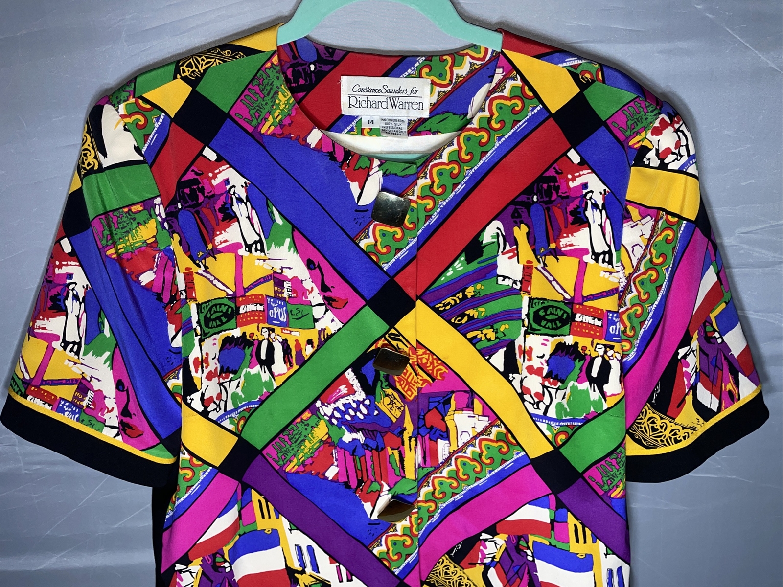 Vintage Constance Saunders Richard Warren Size 14 Silk Blazer Jacket Artsy 80s