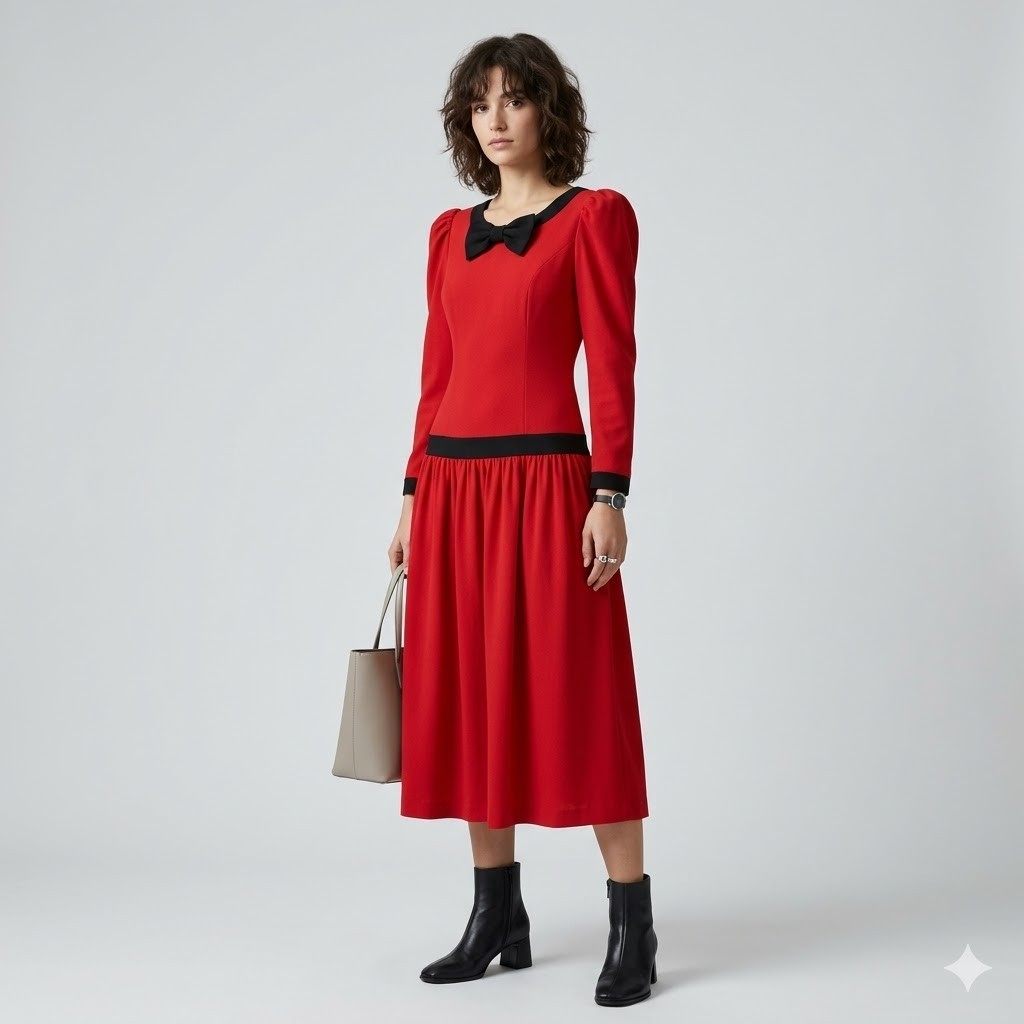 Vintage 70s 80s Leslie Lucks Red Corduroy Puff Sleeve Dress Bow USA Size 6 Small