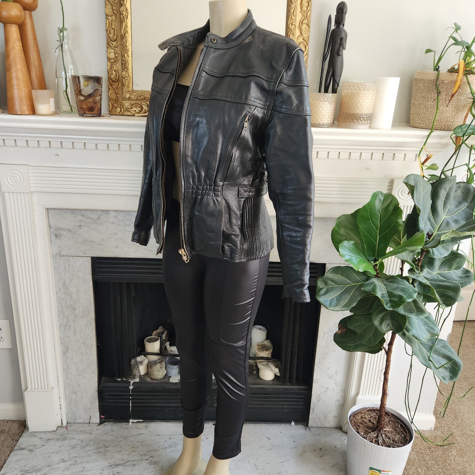 Vintage 80s Black Leather Moto Jacket Racing Biker Skull Size Medium Rocker