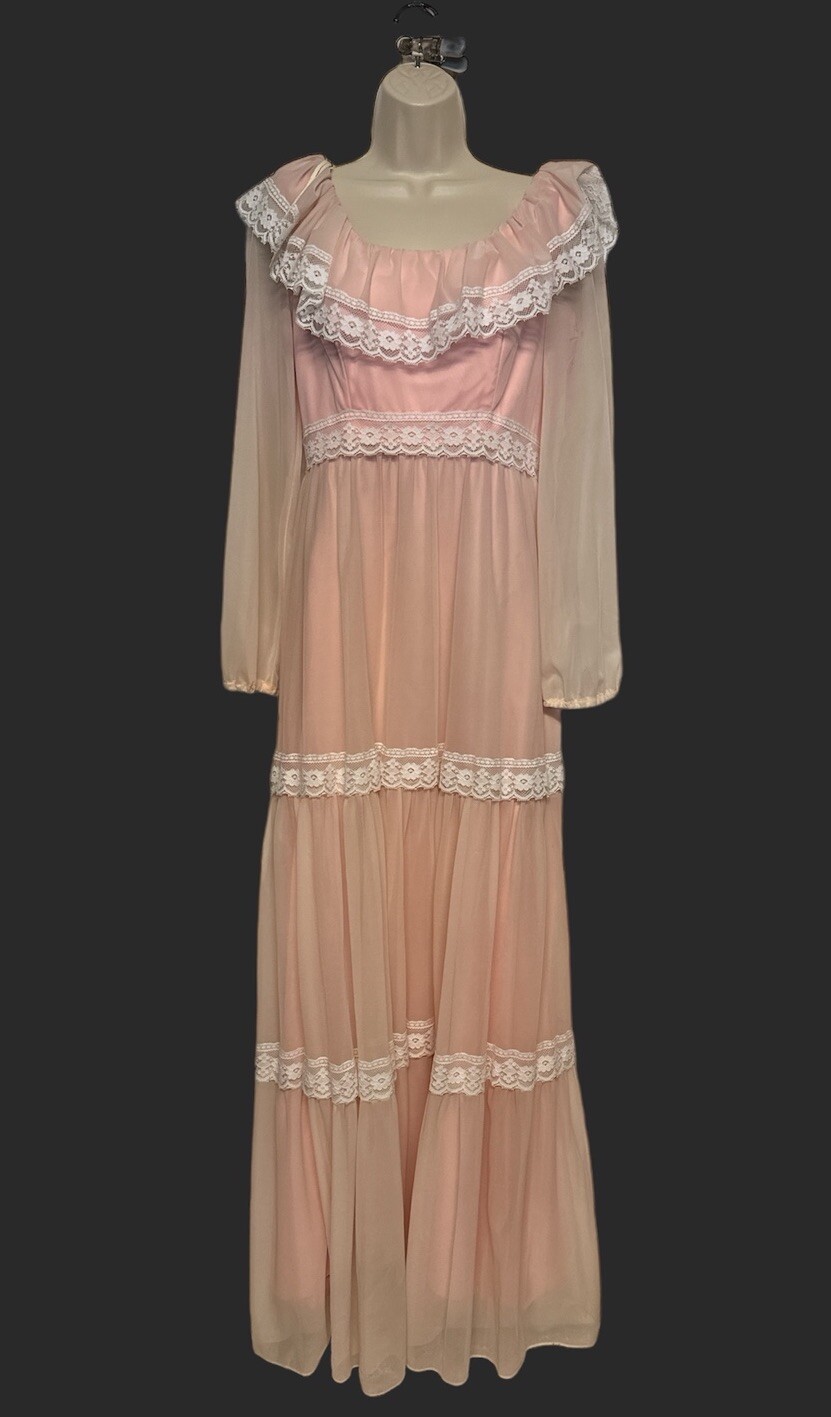 Vintage 1970s Handmade Pink Sheer Dress White Lace No Size Tag
