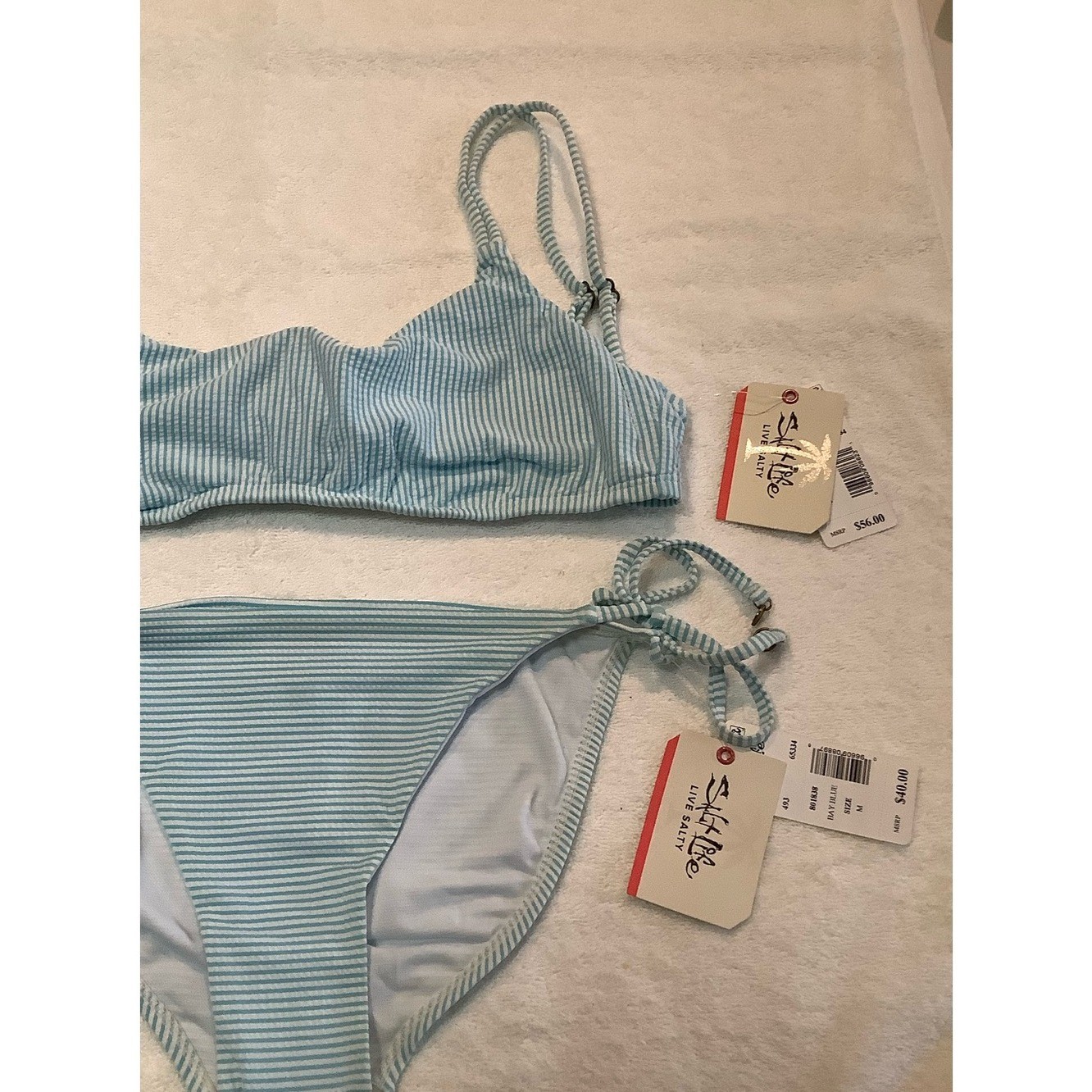 NWT sz MED Salt Life Blue Seersucker Stripe Bralette and Side Tie Bikini Set