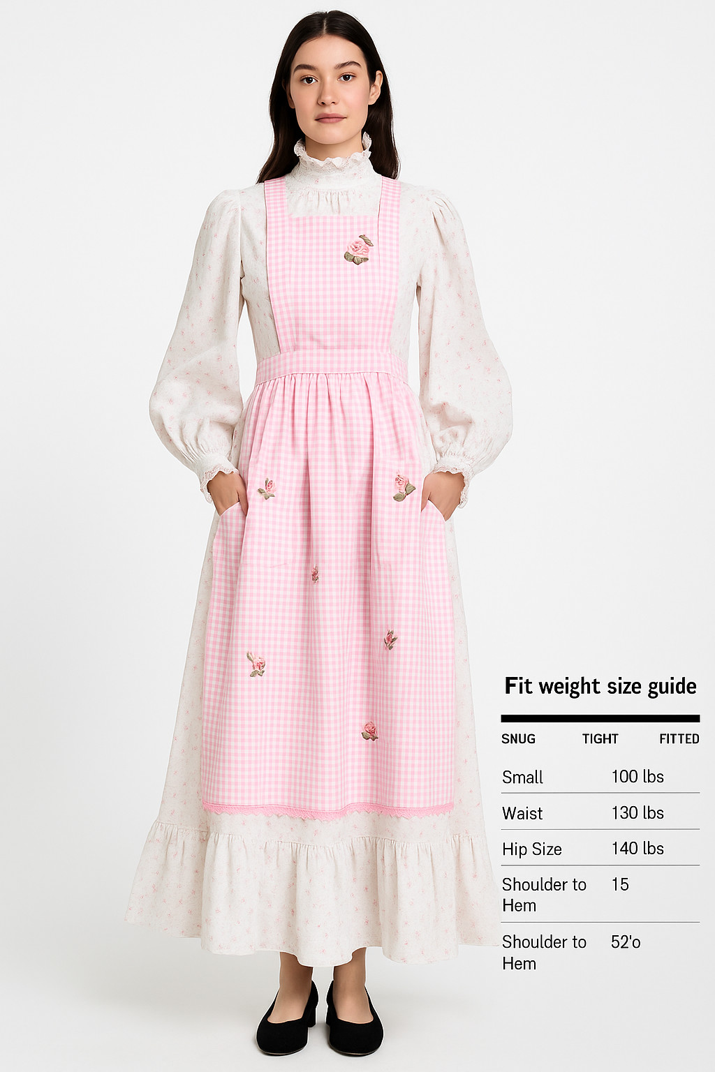 VTG 70s 2pc Prairie Dress White Pink Roses Sheer Voile + Gingham Apron S