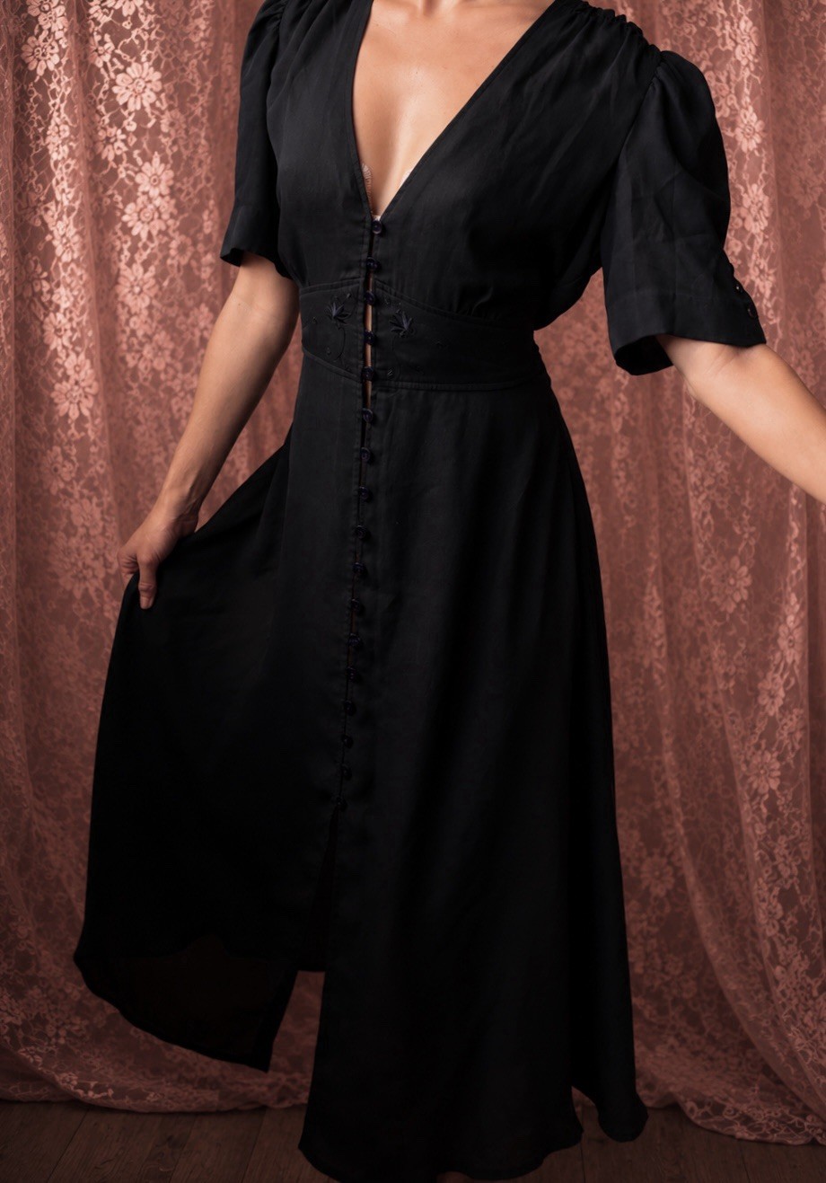 1990s dark blue chiffon 1940s style dress