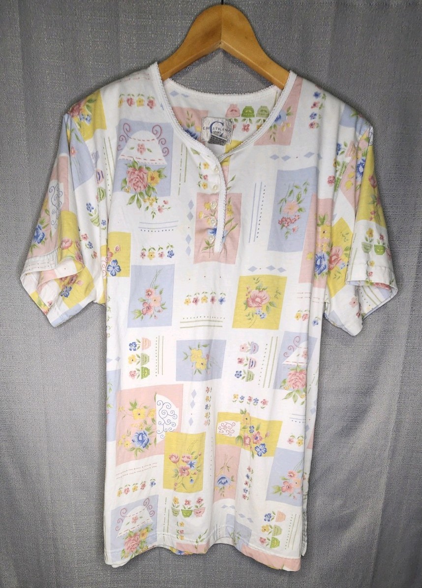 Capistrano Cottagecore Padded Shoulder Henley T-Shirt Floral Print Sz 18/20
