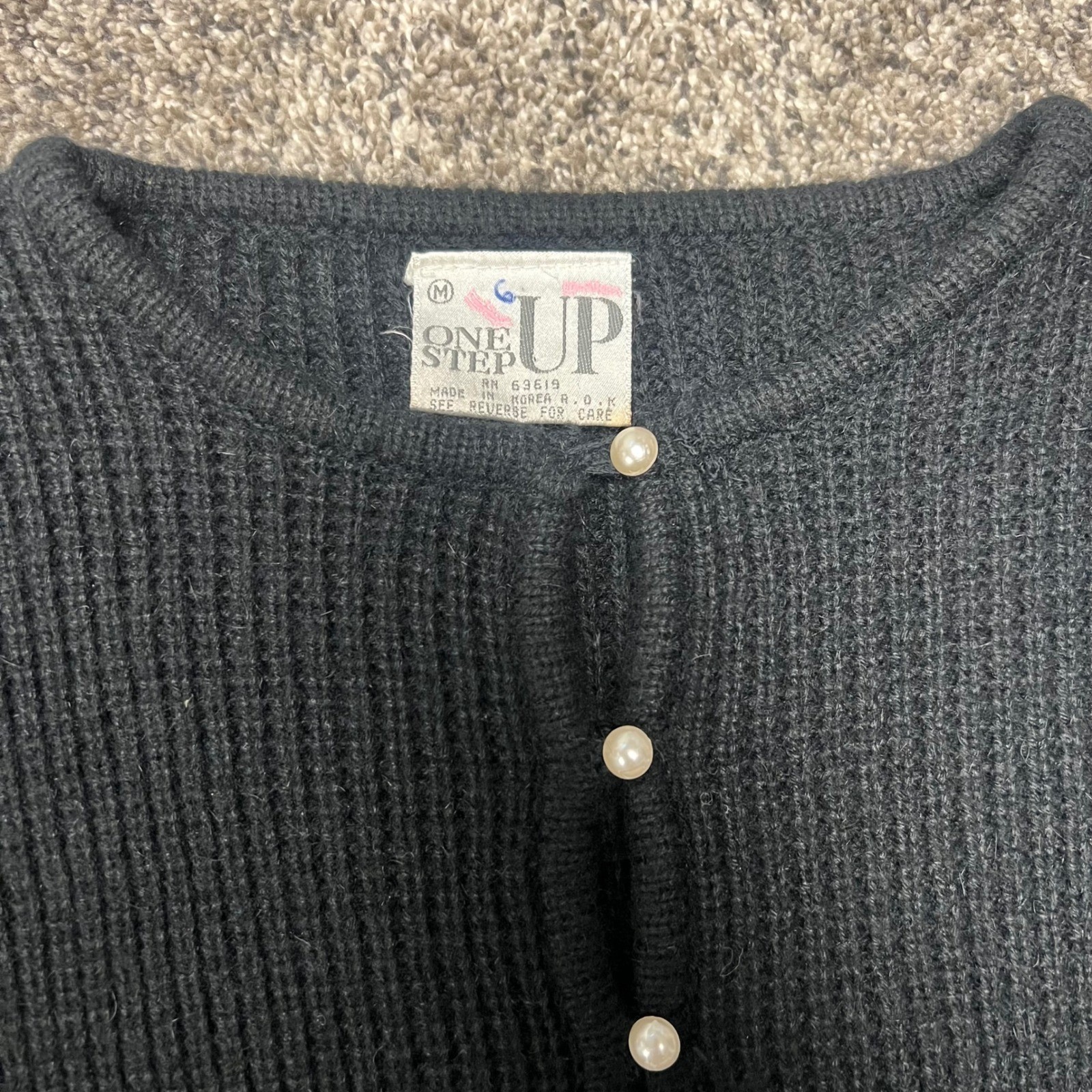 One Step Up Vintage Black Rib Knit Cardigan Wool Blend Faux Pearl Buttons Korea