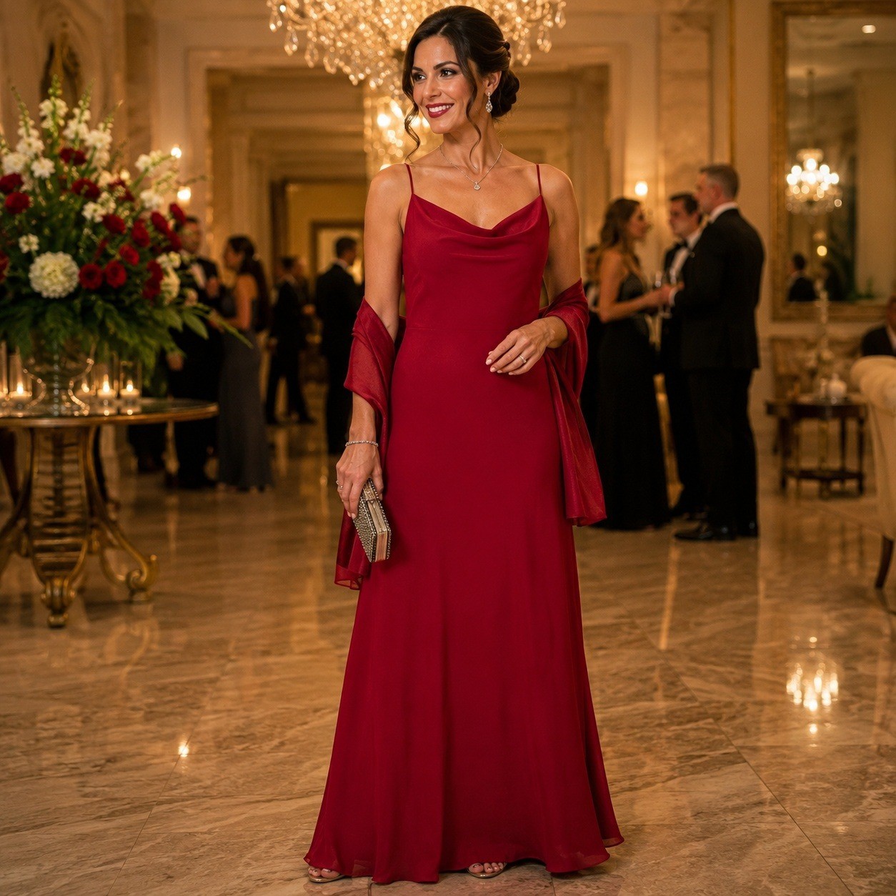 Michaelangelo Vintage Red Cowl Neck Evening Gown with Matching Shawl Size 12