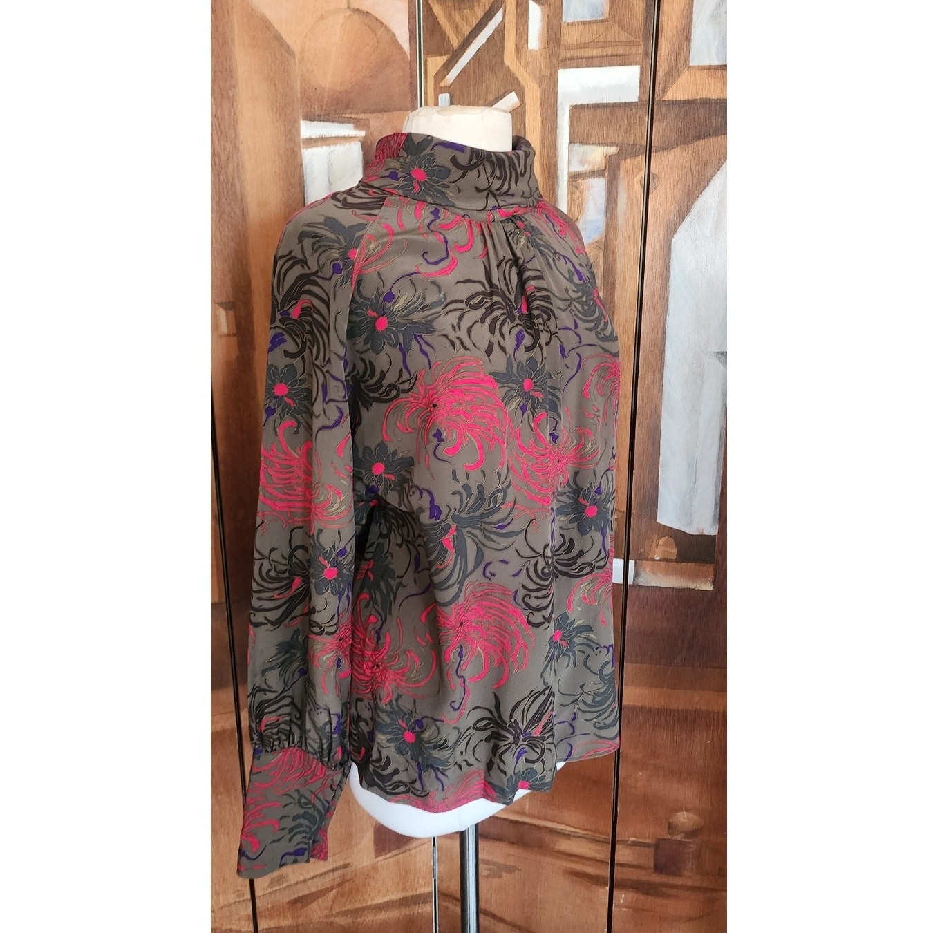 Vintage 80s CHLOE LAGERFELD Blouse Dark Floral Silk Blouse Long Sleeve Large