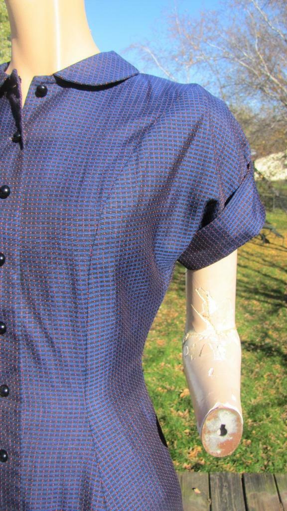 1940S NAVY & RED FITTED DRESS FLAIR SKIRT SHOULDER PADS PRINCESS SEAMS 26W