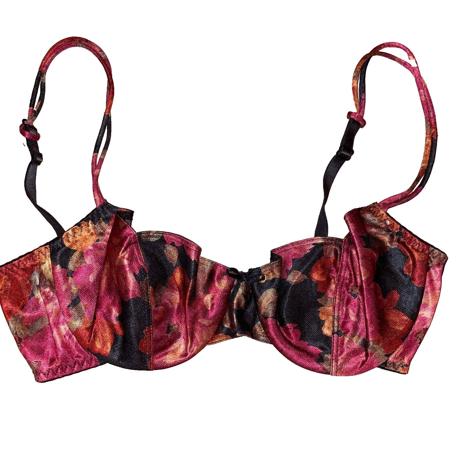 Vtg Delicates Underwire Bra Size 36B Black Floral Pink Unlined Double Strap