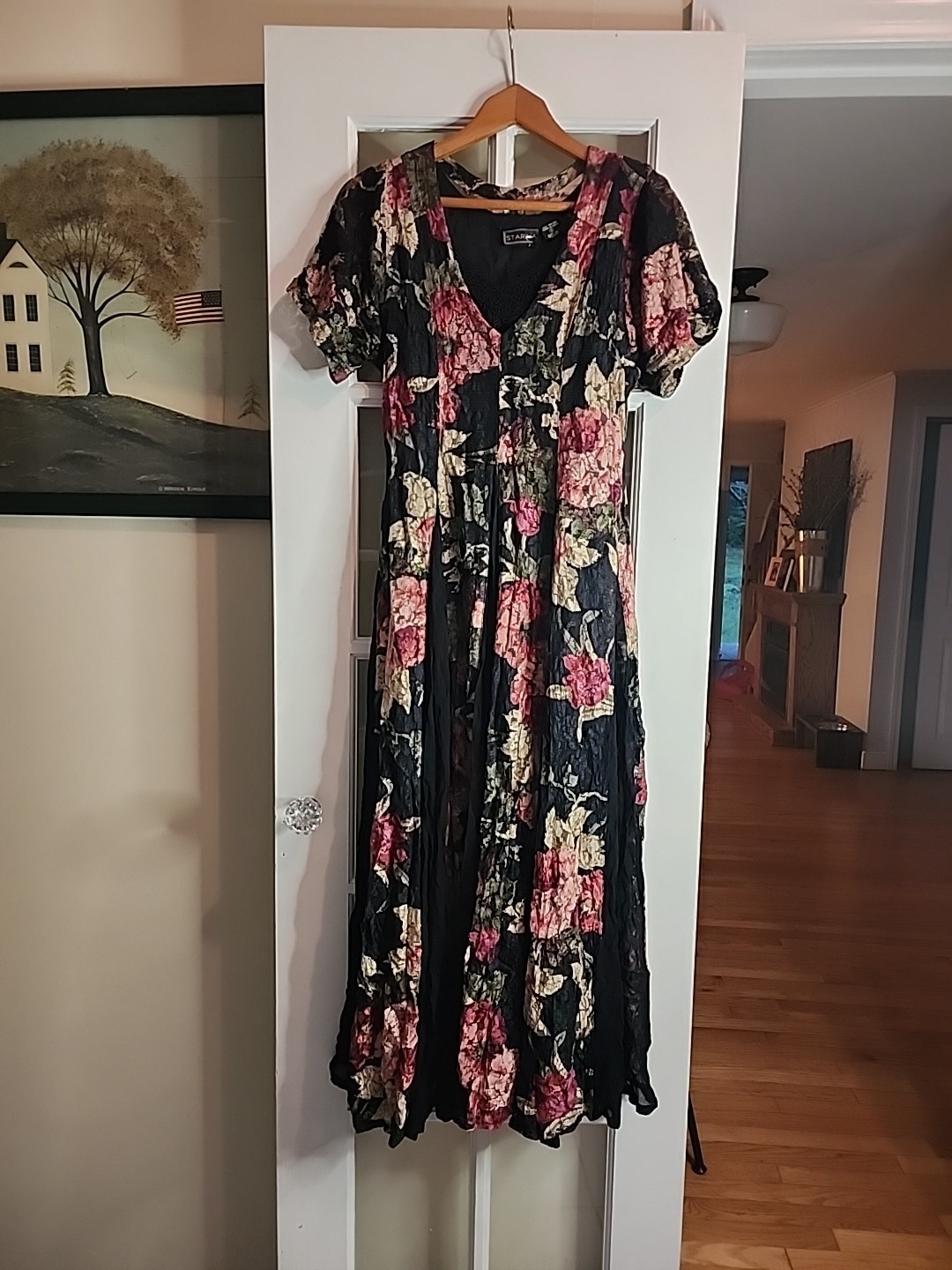 Vintage 90s Starina Sz Small Black Floral Lace Maxi Dress Boho Cottagecore