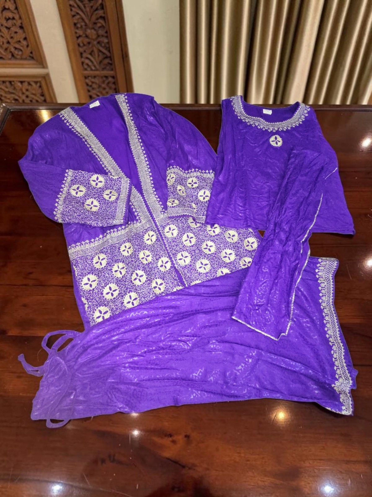 Vintage purple & gold embroidered Rija 4pc jacket/skirt/blouse/scarf set