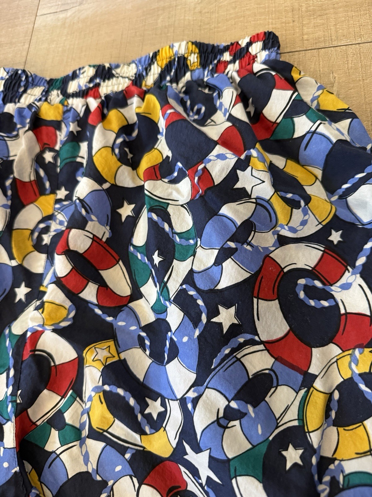 Vintage Silk Nautical Lifebuoy Print Shorts – Navy red Multicolor novelty Large