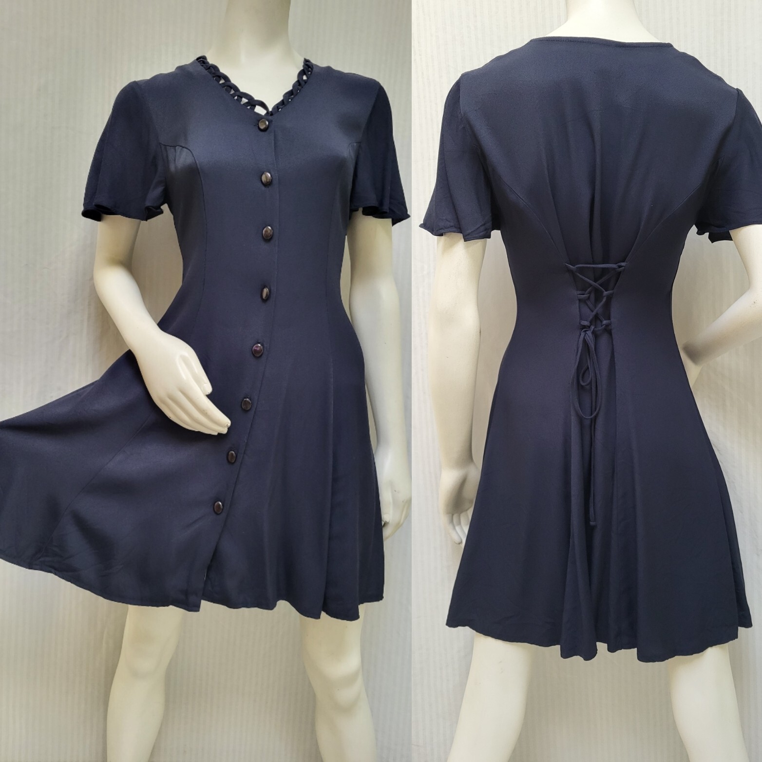 Vintage 1990’s Be Smart Blue Button Front Tie Back Dress – Size S