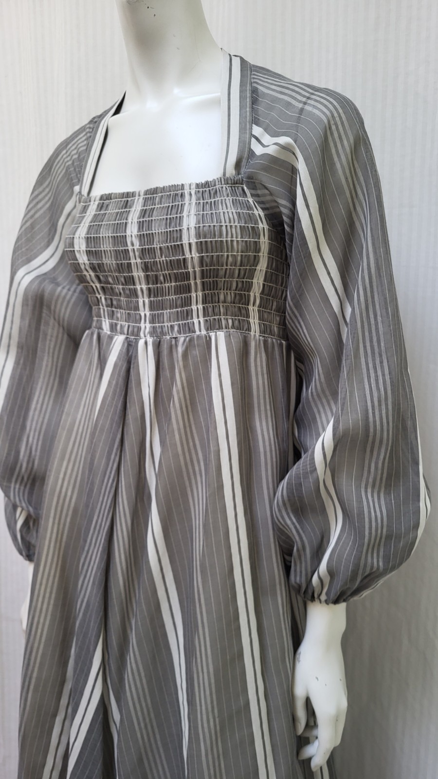 Vintage 1970’s MELISSA LANE Gray Stripe Maxi Dress with Smocking – Size XS/S