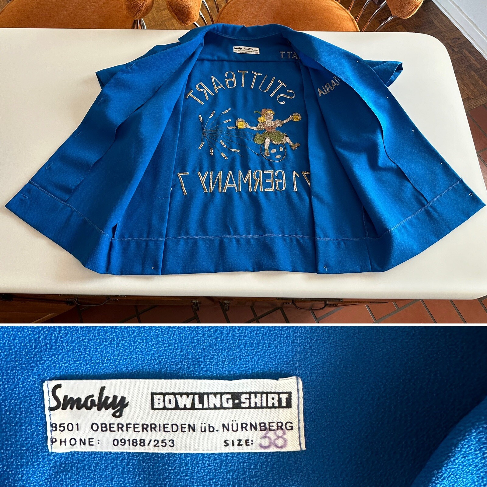 1970s USAF Germany Embroidered Womens Bowling Party Souvenir Shirt Blouse Vtg