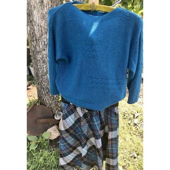 Vtg Plaid Wool Skirt Angora Sweater Leather Belt HTF SET 70s 80s XS S Preppy MOD
