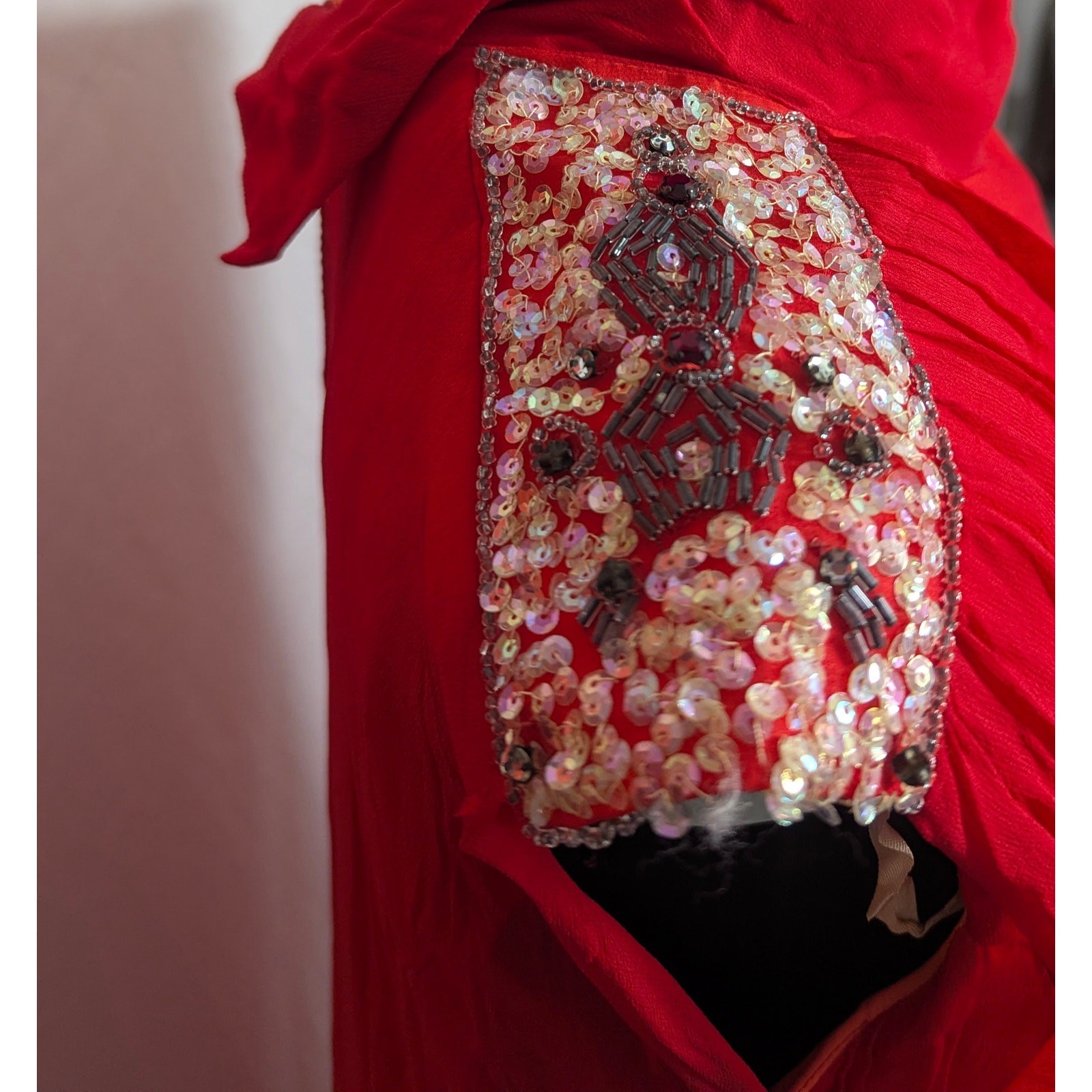 60s 70s Red Chiffon Embellished Formal Gown Dress Glamour Elegance Fits Large