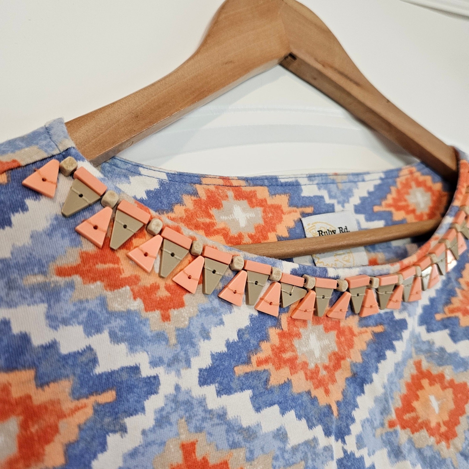 Vintage Ruby Rd. Blouse Womens Medium Blue Orange Geometric Beaded Stretch Y2K