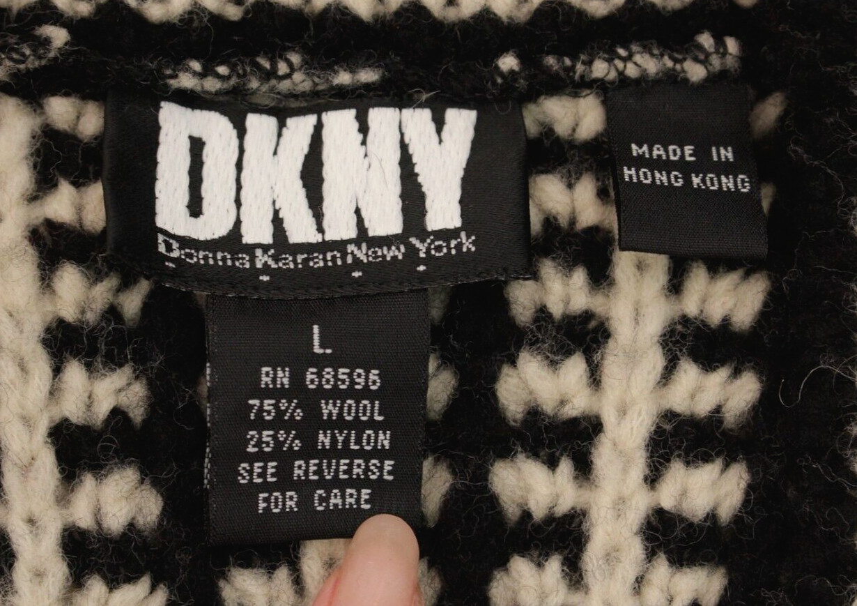 VTG Women’s 90s Black & White Knit DKNY Cardigan Sz L 1990s Donna Karan