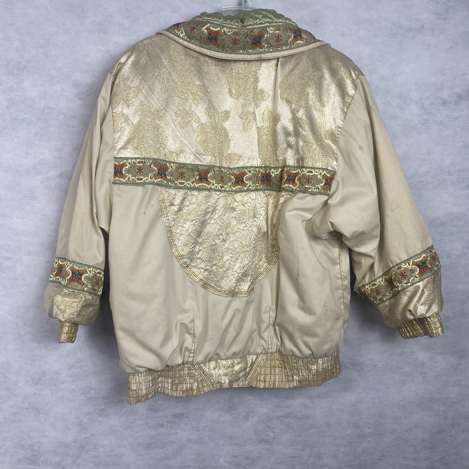 Vtg J. Gallery Puffer Jacket Coat Medium Beige Green Retro Bomber 80s Flaw