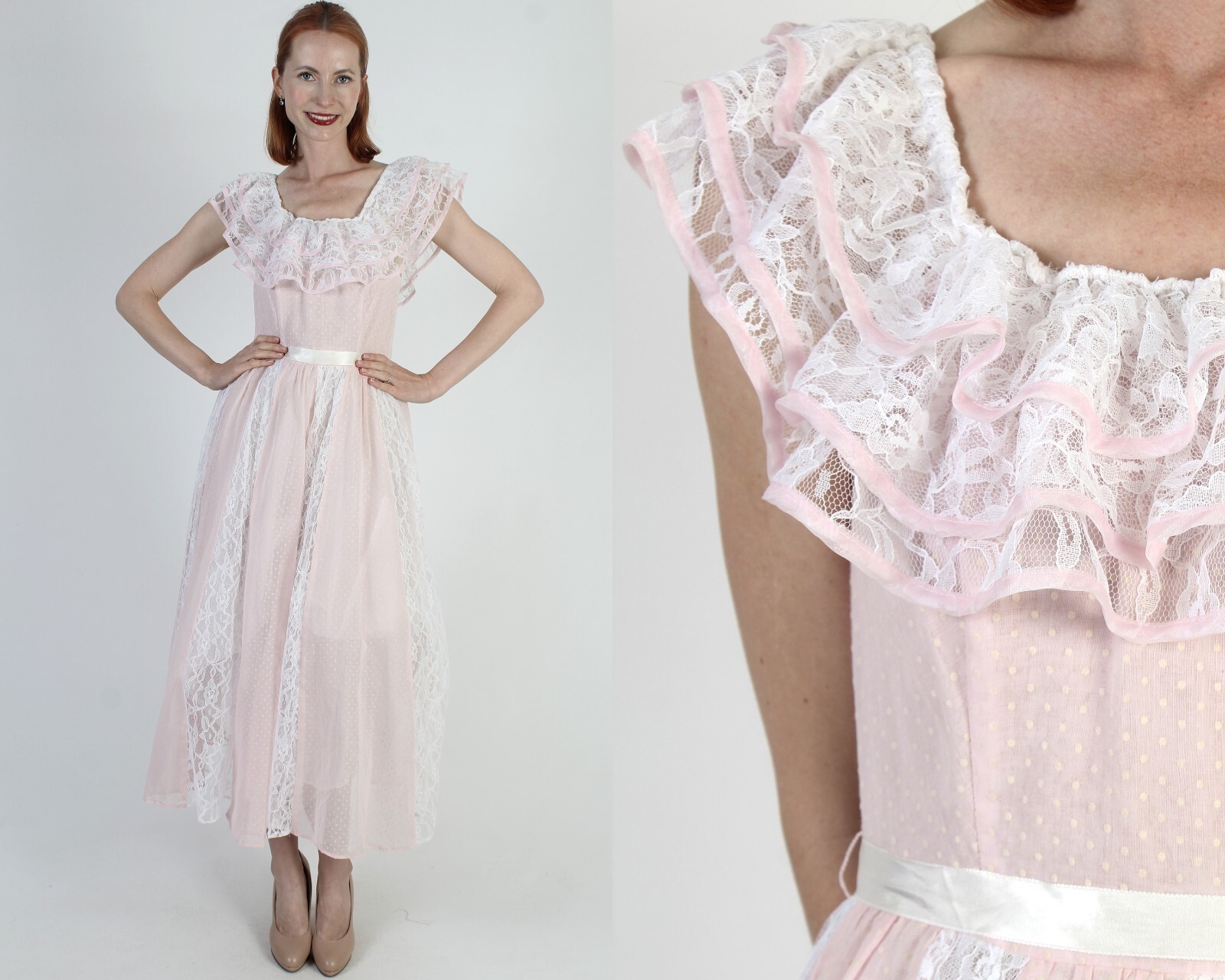 Vtg Pink Polka Swiss Dot Dress 70s Romantic Country Saloon Off Shoulder Dress