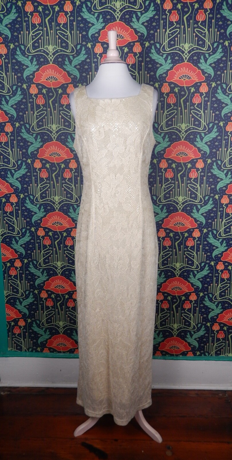 Vintage 90’s Y2K Gold Lace Sleeveless Maxi Hoco Cocktail Dress