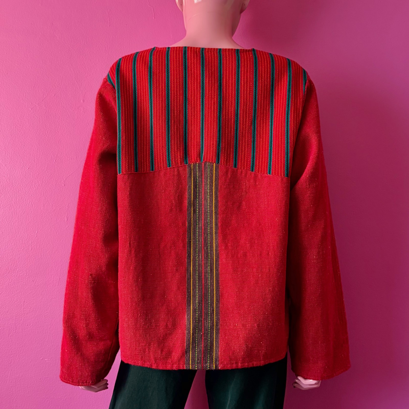 Vintage 90s XL Guatemalan Jacket Red Multicolor Handwoven Stripes Velvet Buttons