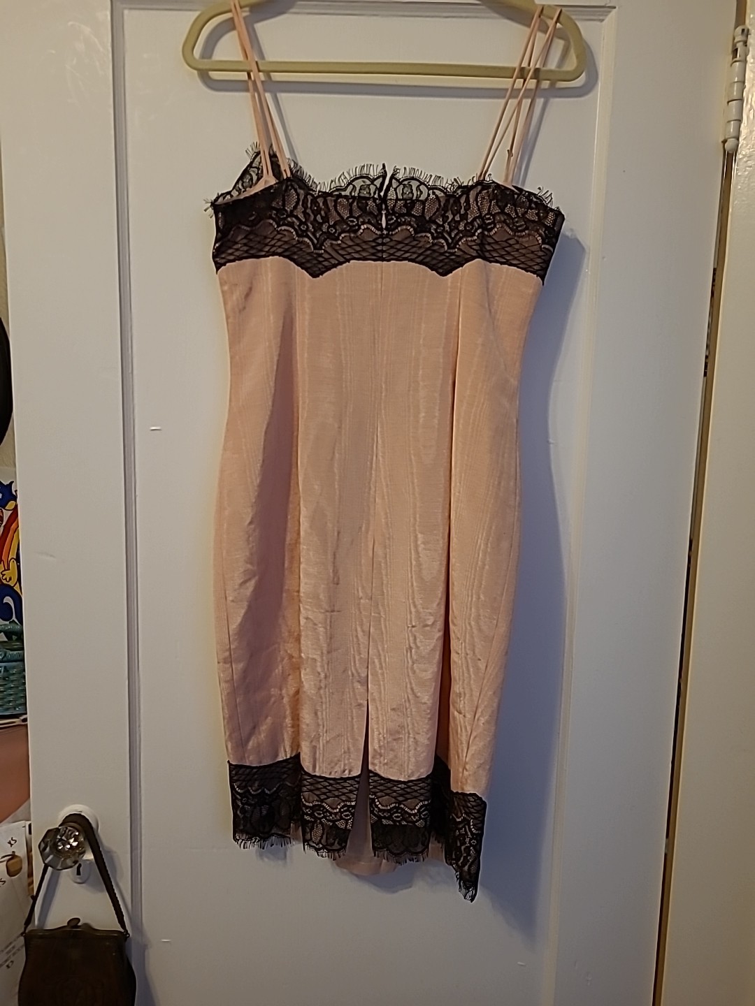 Vintage Dusty Rose Pink Slip Taffeta Dress Black Lace Trim Straps Kathlin Argiro