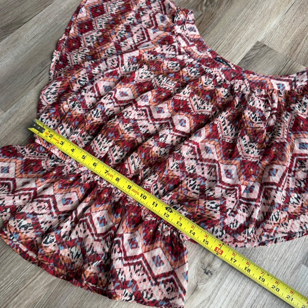 Vintage Y2K FANG Red Geometric Tribal Print Flutter Sleeve Peplum Chiffon To L