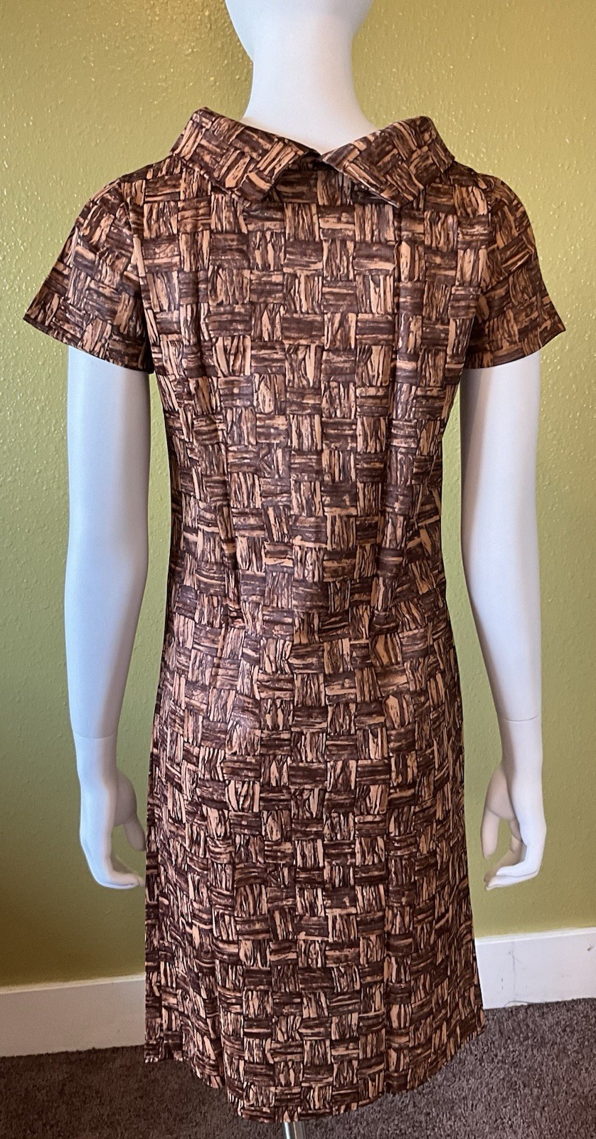 NOS 1960s MOD Jane Emory Fashions Acetate Shift Brown Mad Men S/Sleeve Size 10