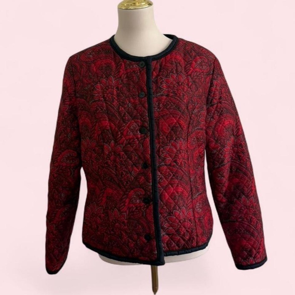Vintage Silkland 100% Silk Red & Black Paisley Quilted Jacket Size L