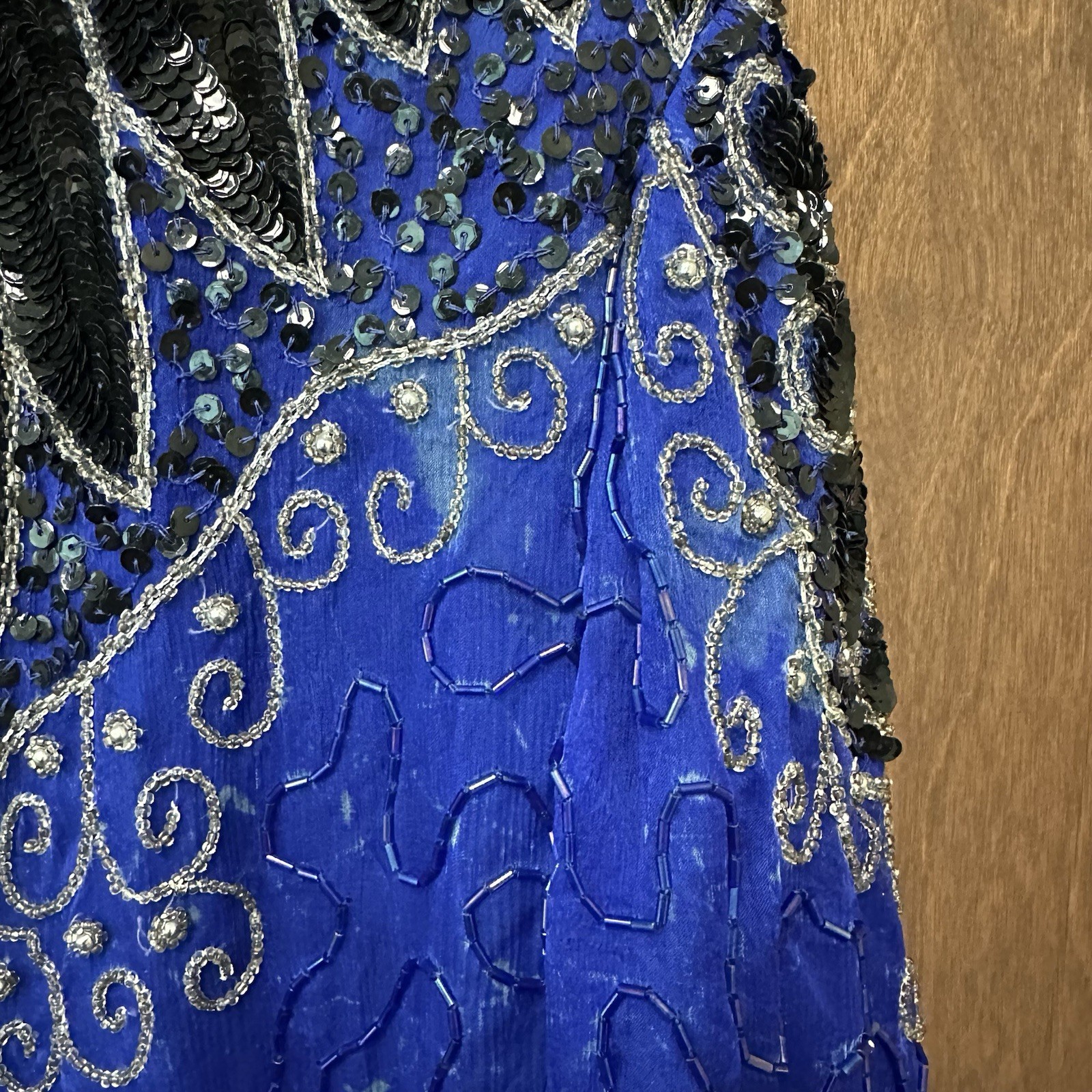 Vintage 80s Royal Feelings Beaded Sequin Party Blouse Silk Rayon Blue Black FLAW