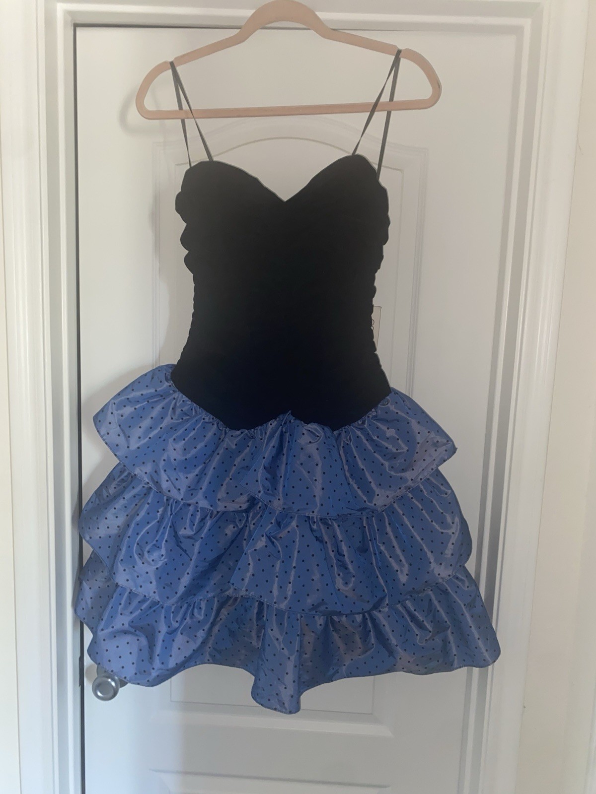 VTG Y2K My Michelle Strapless Black Velvet Bodice Polka Dot Tiered Dress 11/12
