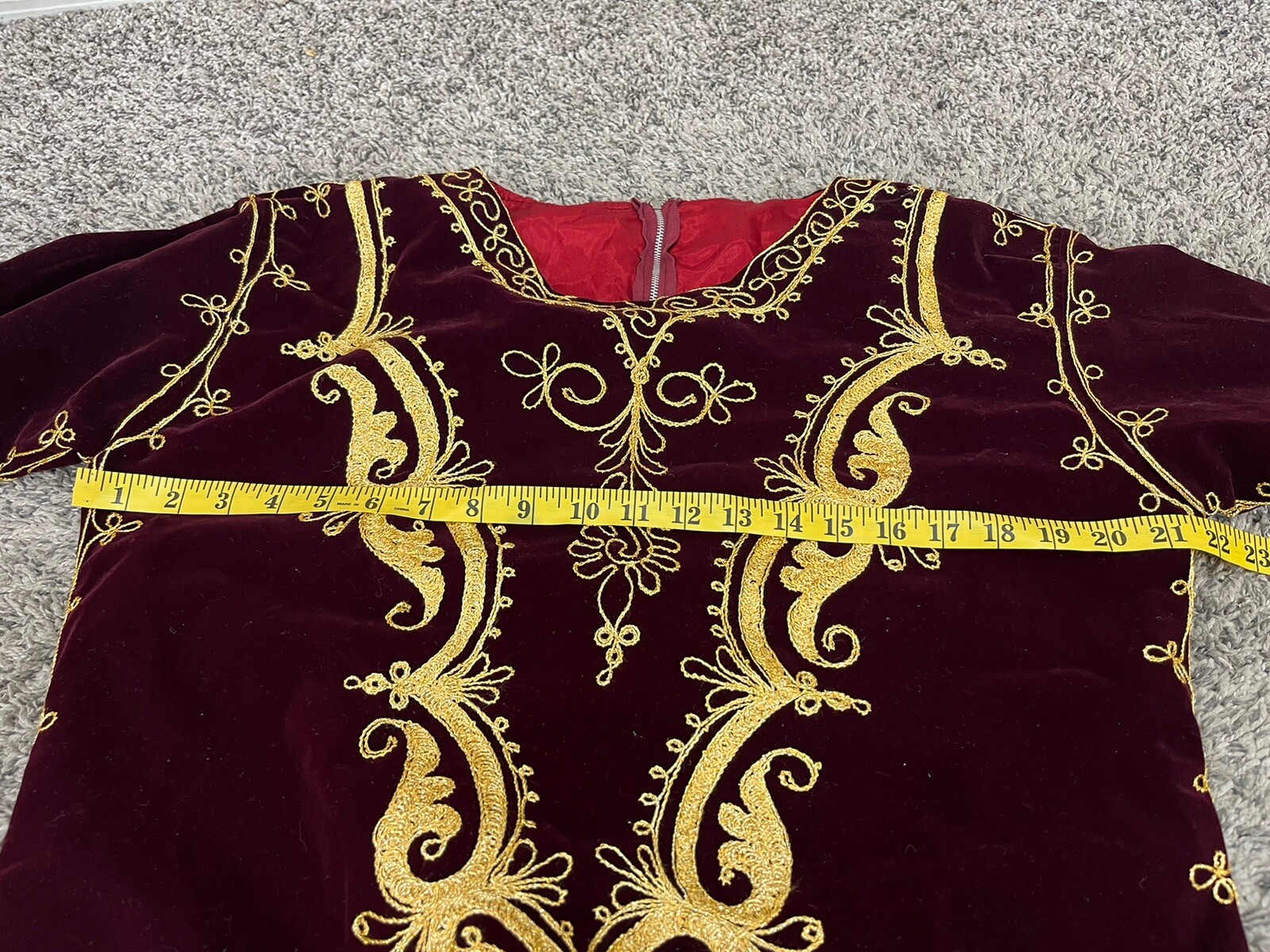 Vintage Burgundy Velvet Gold Embroidered Caftan Boho Dress Bell Sleeve