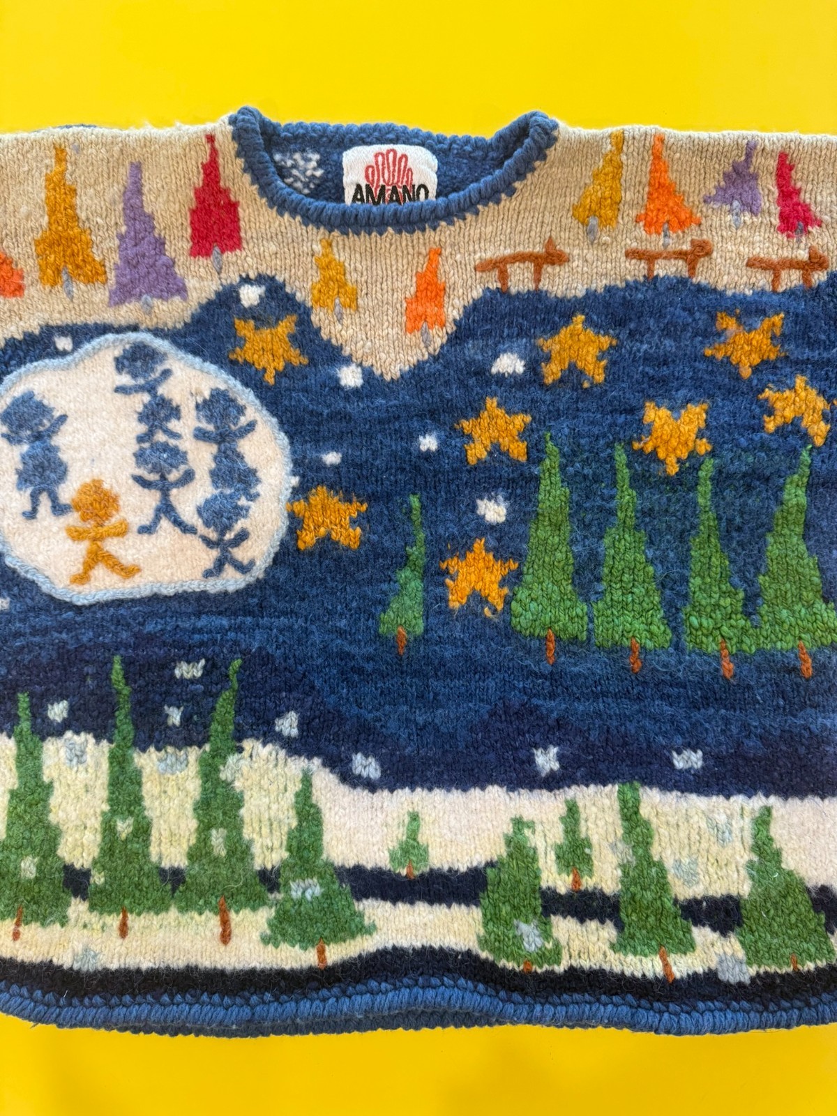 Vtg Amano Bolivian Wool Hand Knit Sweater Christmas Trees Stars Night Sky Aymara