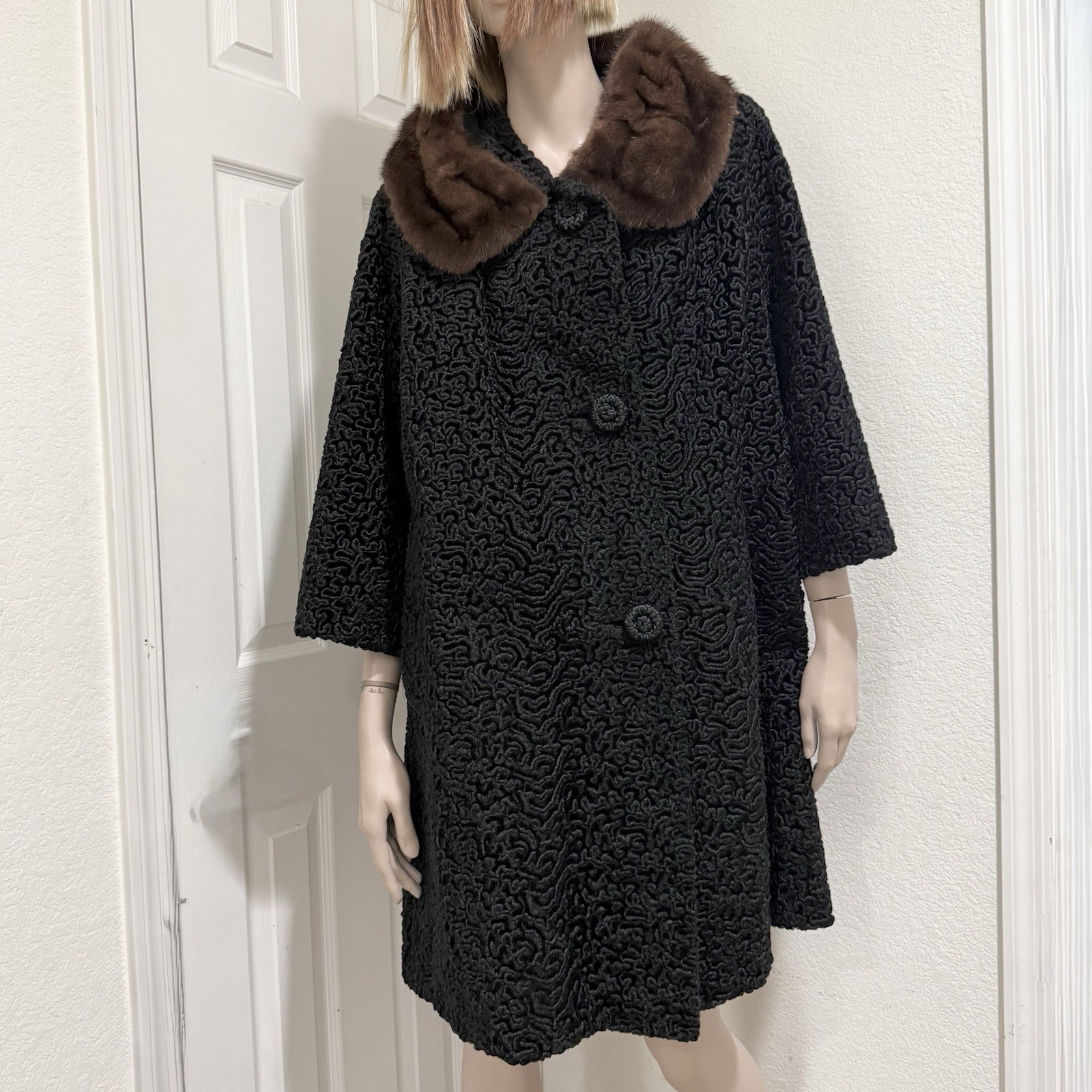Vintage ASTRAKIN LEPSHIRE Real Fur Collar Curly Persian Lamb Wool Coat Size L